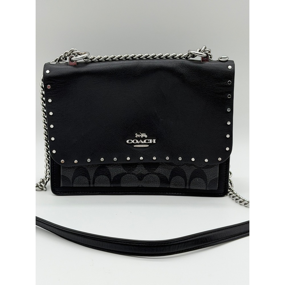 Coach Black Leather Studded Signature Canvas Crossbody Bag Silver Hardware